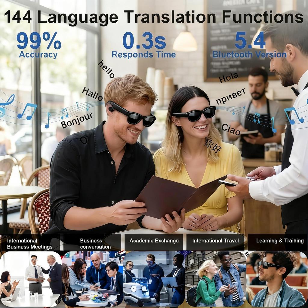 New AI Smart Glasses 1080P HD Camera Chat GPT 32GB Memory 144+Translation BT Call Music Video Smart Glasses For Men Women