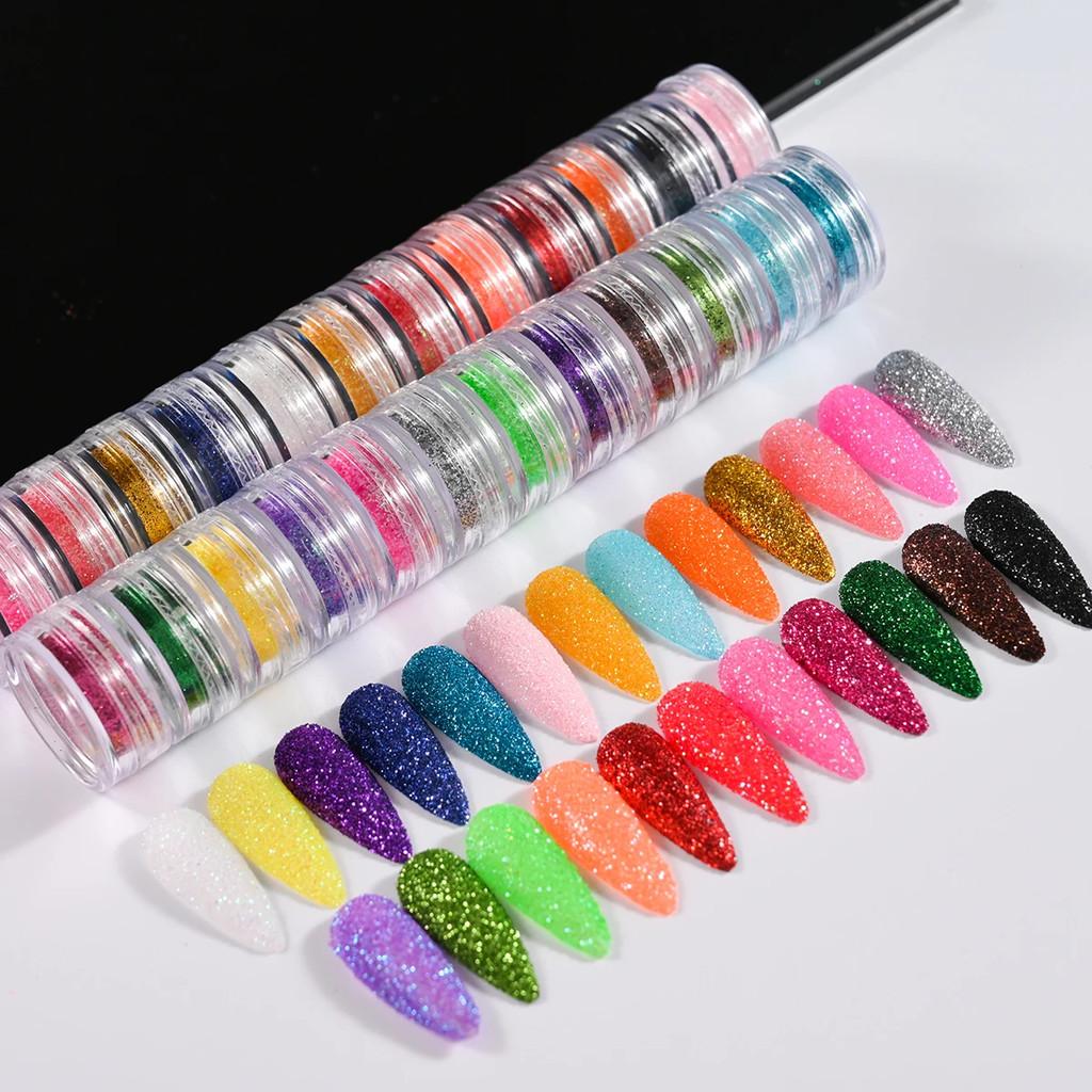 24pcs Sparkly Holographic Fine Sugar Nail Powder Diamond Chrome Pigment Dust For Gel Polish Glitter