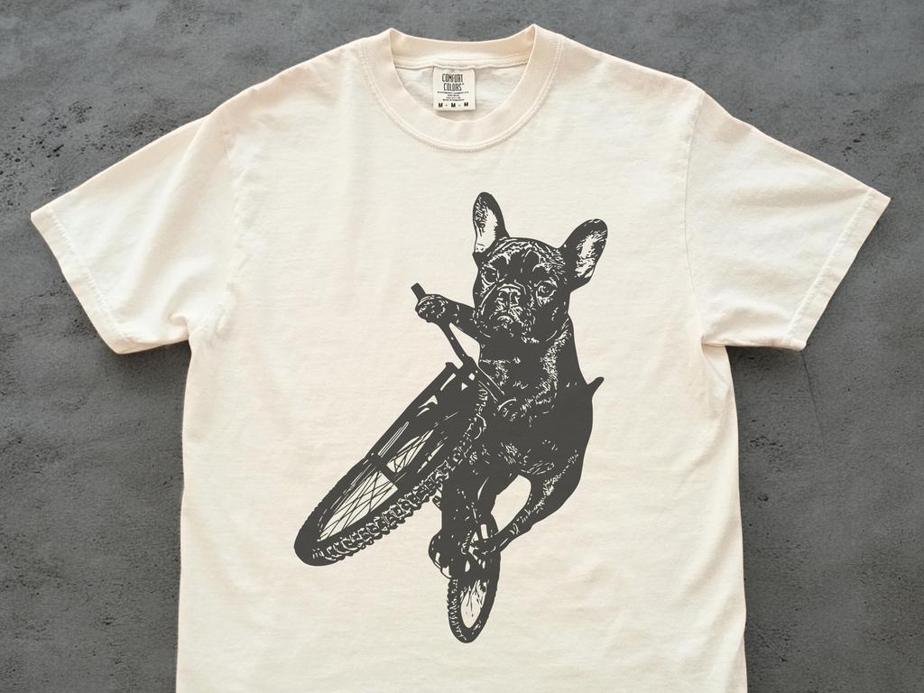 French Bulldog Riding Bike Shirt - Dog Bicycle Tee, Retro Mountain Bike Comfort Colors, Cyclist Cycling Gift Frenchie Mom Dad Frenchie Lover