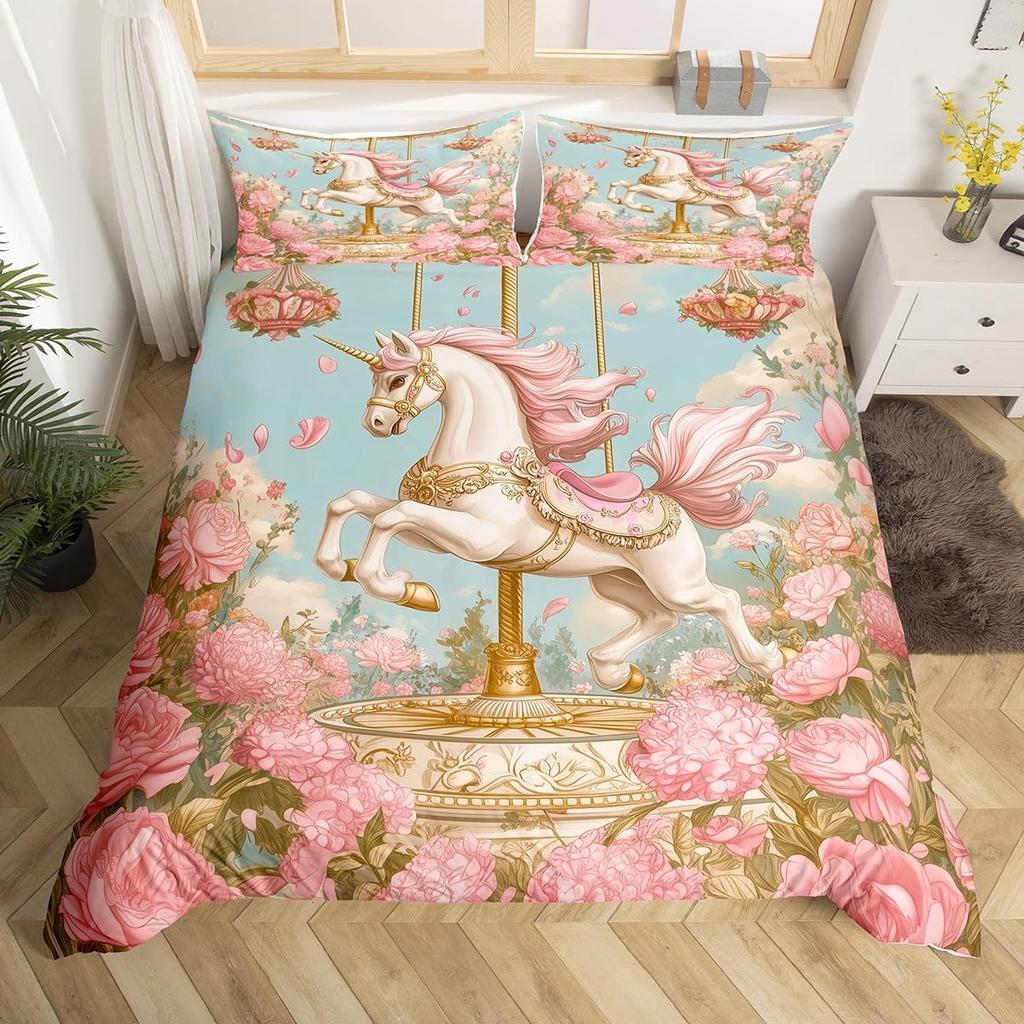 Children Kids Unicorn Soft Duvet Cover Single Quen King, Adorable Lovely Cat Carton Warm Comforter Cover featuring 2 Pilowcase Fish Scale Beding Set