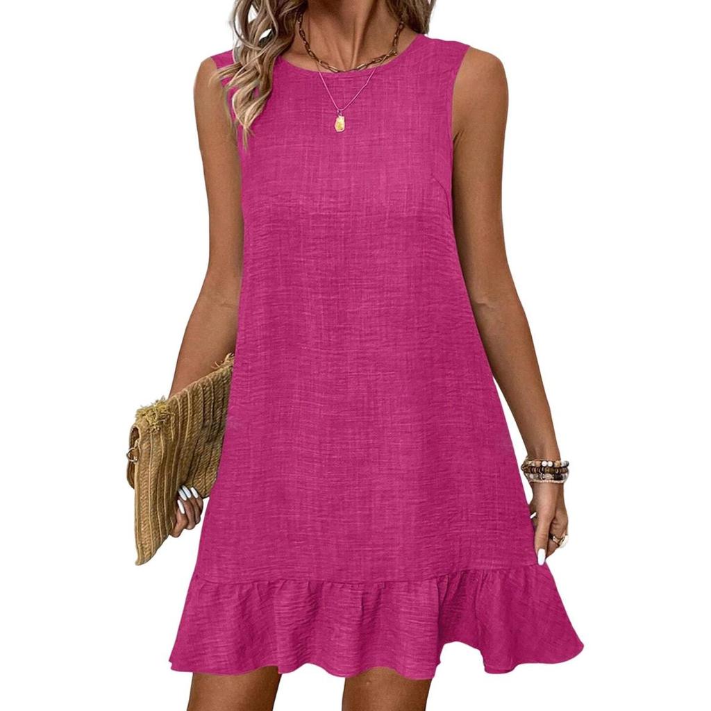 Yousheng Summer Sundress Ruffle Hem Loose Sleeveless Round Neck Solid Color A-line Mini Dress for Beach Datings Vacation