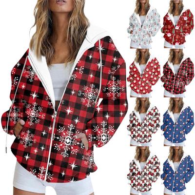 Women's Zip Up Hoodies Teen Girls Christmas Printed Sweatshirt Clothing Casual Drawstring Jacket With Pockets