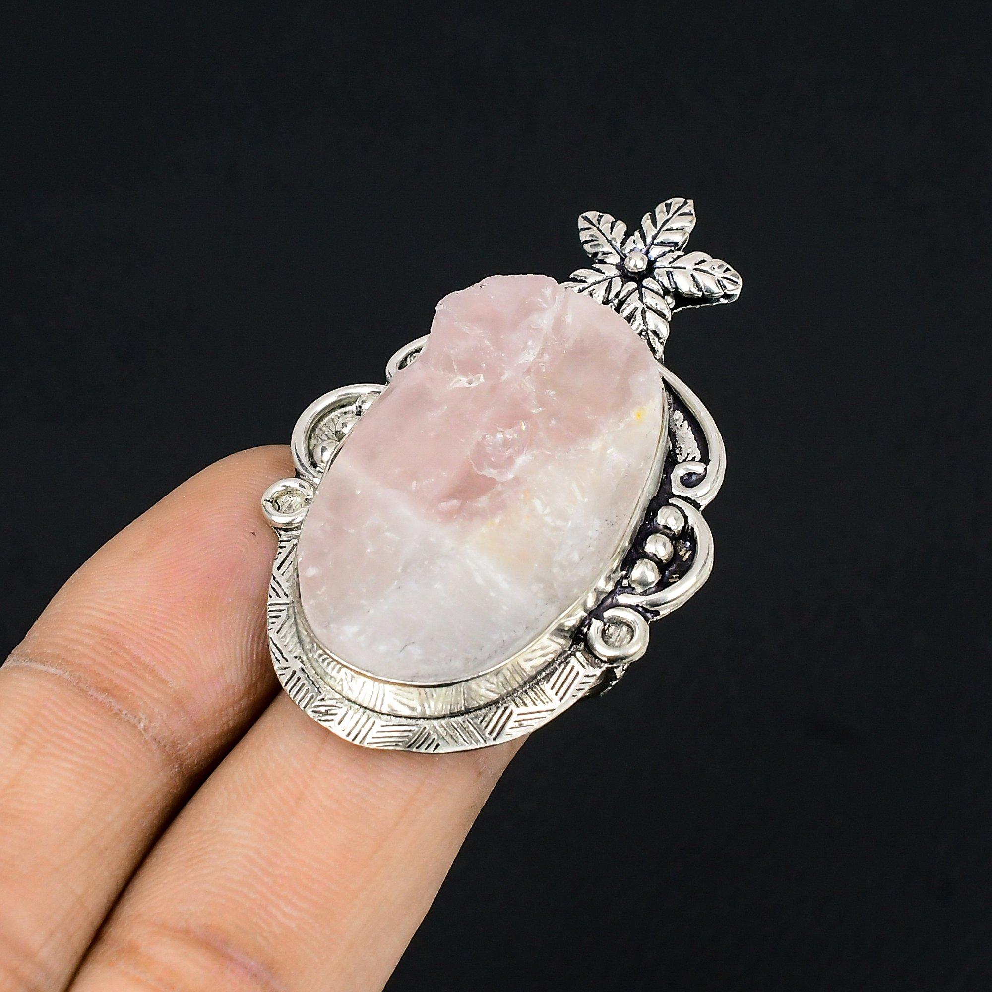 Gift For Her Natural Rose Quartz Promise Flower Ring Size 6.5 925 Silver 6.5