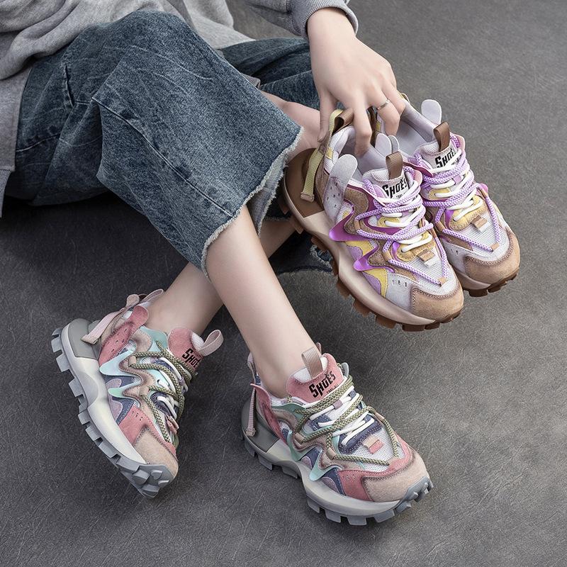Fashion GKTINOO 4.5cm Heels Genuine Leather Casual Sneakers Sandals Women Breathable Mesh Summer Flats Mixed Color Fashion Shoes