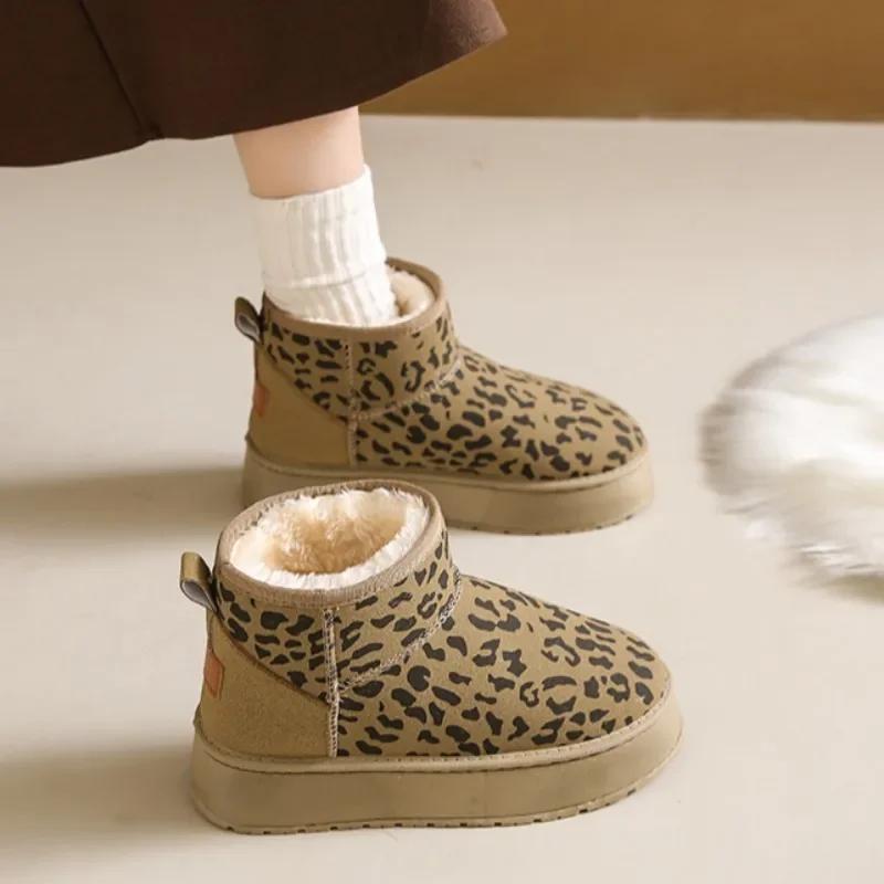 Womens Ankle Boot 2025 Trend New Leopard Print Design Home Plush Warm Botas Mujer Casual One-foot Thick-soled Walking Snow Boots