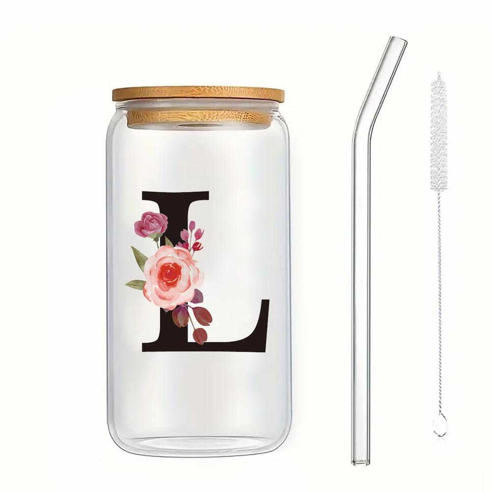 500ml Buchstaben Blume A-Z Kaffeetassen Büro Zuhause 16OZ Glastasse mit Bambusdeckeln & Strohhalm Geburtstags- Valentinstagsgeschenke Tasse Frauen