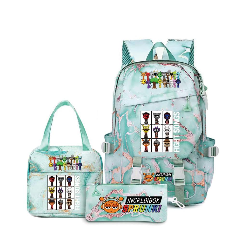 Around the box, elementary school bag sprunki cartoon backpack three-piece set D