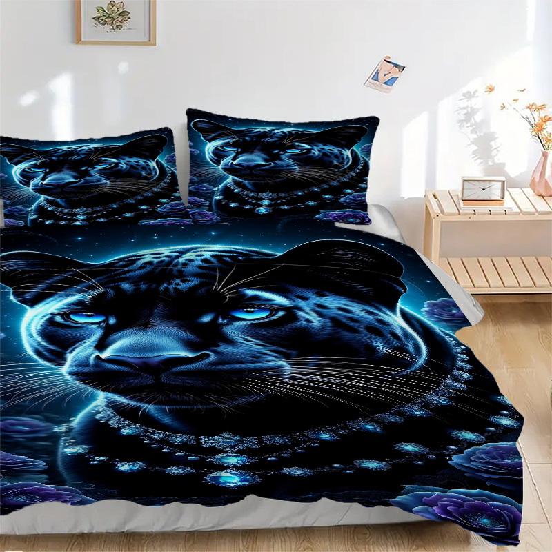

3pcs Midnight Leopard Bedding Set - 1 Duvet Cover + 2 Pillowcases(Core Not Included), Machine Washable Polyester, All-Season Comfort, Bedroo 135x200cm