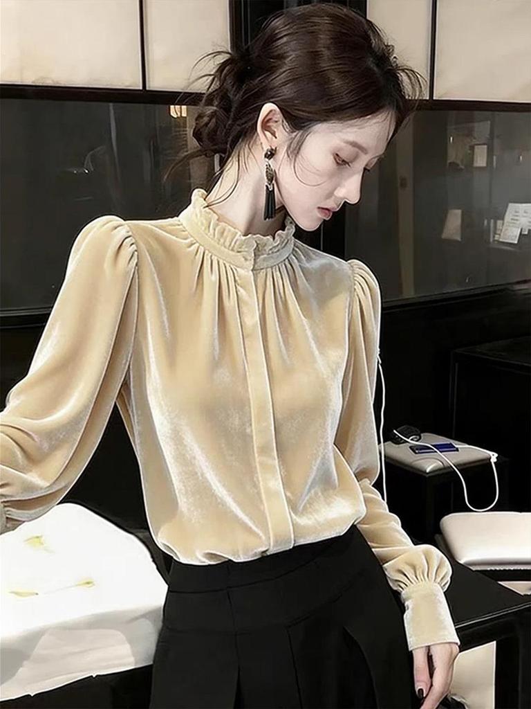 Women's French Velvet Shirt with Wood Ear Collar - Light Luxury, Casual, Loose, Slimming, Versatile Top for Autumn/Winter