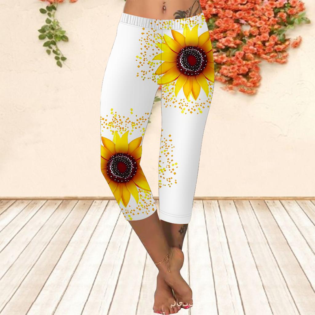Lange Hosen, kurze Sommerleggings, kurze, enge Hosen, Übergrößen-Leggins, schmal geschnittene lange Hosen für Damen mit 3D-Sonnenblumen-Aufdruck