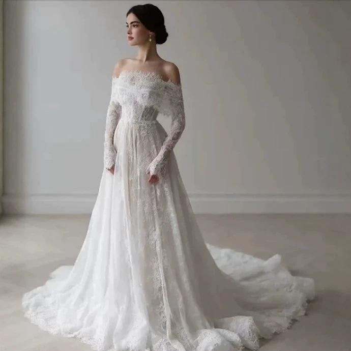 Wedding dress 1011 summer new one-word shoulder wedding dress large skirt leaking back lace trailing wedding dress