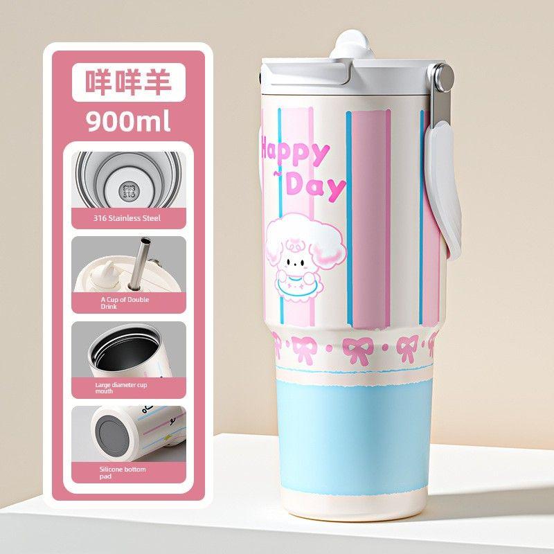 Large-Capacity Thermos Cup for Girls, Good-Looking Design with Handle, 2024 New Model, Straw Water Cup, Portable Dual-Drink Cup for Students