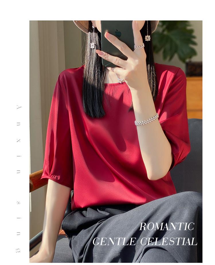 Satin Round Neck Half-Sleeve Loose T-Shirt for Women