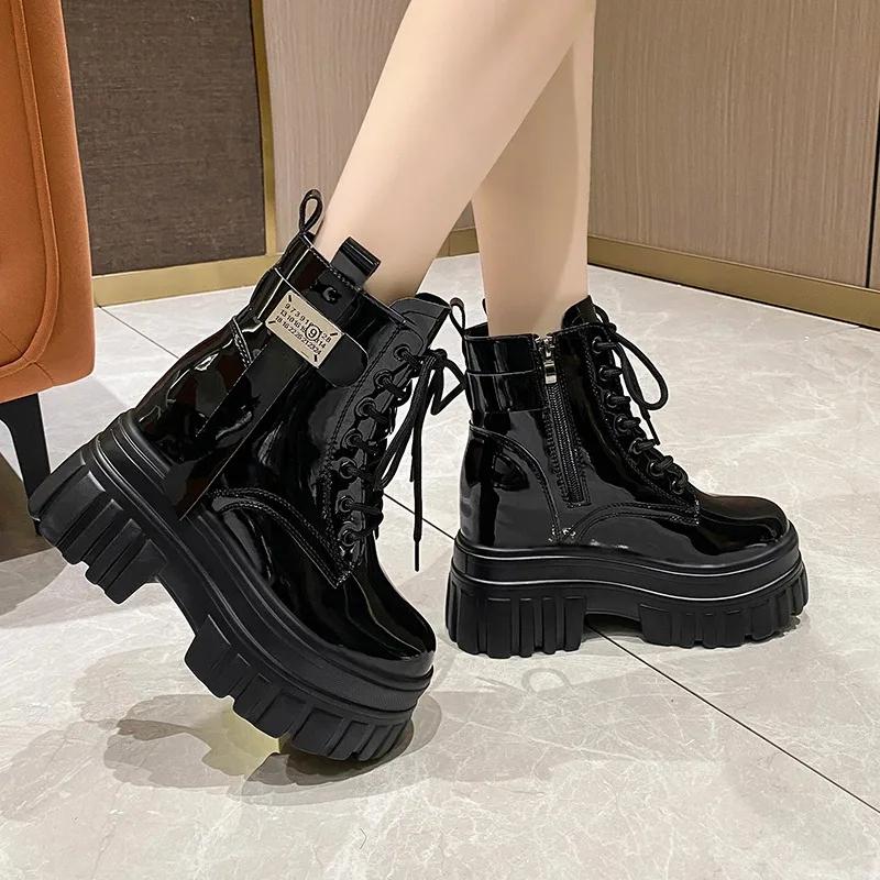 Women's High Platform Boots New Autumn Leather Shoes Woman Motorcycles Boots Women Wedge Heels Warm Ankle Boots Chunky Sneakers