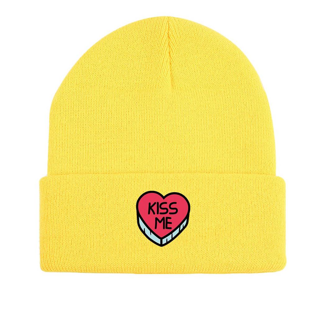 KISS ME" Heart Print Knit Cap Beanie, Valentine's Day Man Cap Soft Stretchy Unisex Bonnet Knitted Hat Beanie