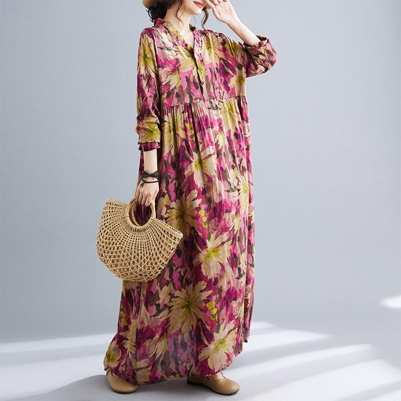 Early Autumn Bohemian Retro Cotton Linen Print Loose Sleeved Long Dress for Women Dresses