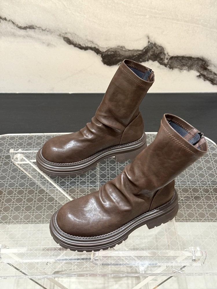 

New pleated thin short boots women s 2025 autumn and winter new thick heel stacking boots thick-soled British style velvet Martin boots 40 коричневий