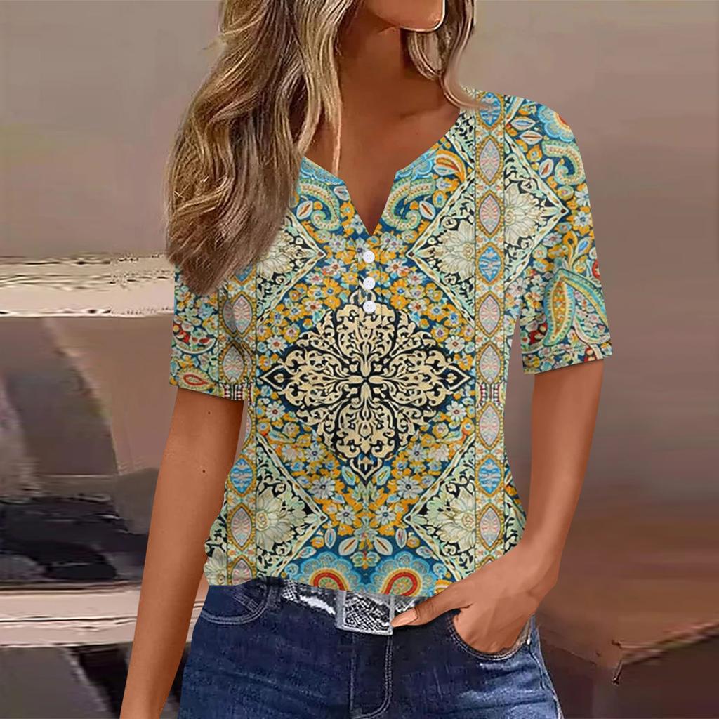 Women's T Shirt Tee Printed Button Short Sleeve Tunic Daily Weekend Fashion Basic V- Neck Regular Top