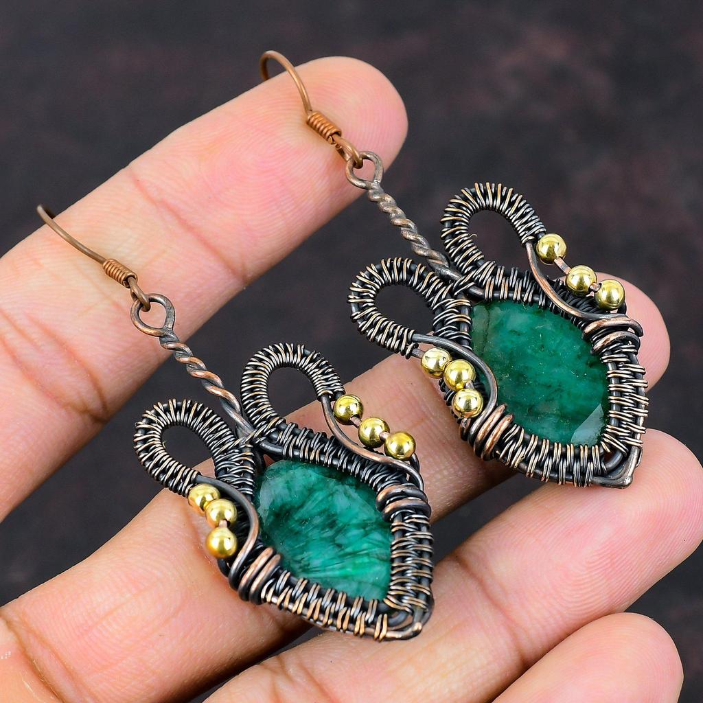 Cercei cu Smarald Zambian Fațetat, Înfășurați cu Sârmă de Cupru, Cercei Handmade, Bijuterii Antice, Cercei cu Piatră Prețioasă, Cadou de Nuntă, Bijuterii Înfășurate cu Sârmă de Cupru