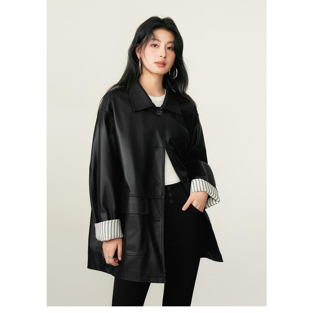 

Dimanaf 2025 Осень Новая Куртка из ПУ Кожи Полосатое Женское Пальто Лоскутное Пальто Карманы Пальто One Size чёрный