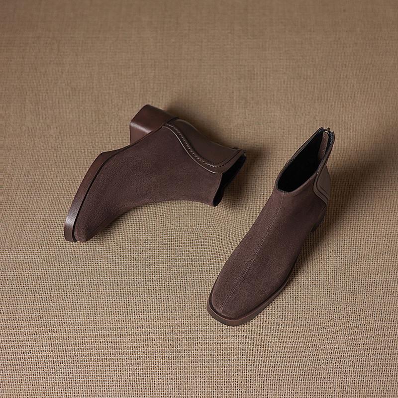 Krazing Pot Cow Suede Nubuck Winter Round Toe Modern Boots Med Heels Zipper Patch Work Women Ankle Boots