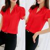 Office Lady Formal Summer Solid Color Chiffon Blouse V Neck Short Sleeve Shirt