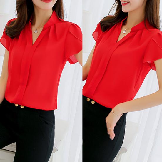 Office Lady Formal Summer Solid Color Chiffon Blouse V Neck Short Sleeve Shirt