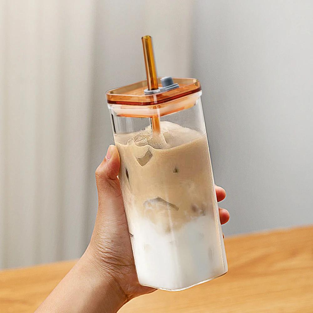 350ml Square Coffee Glass Cup With Lid and Straw Heat Resistant Ice Coffee Mug Breakfast Milk Cup Transparent Beer Cup Drinkware
