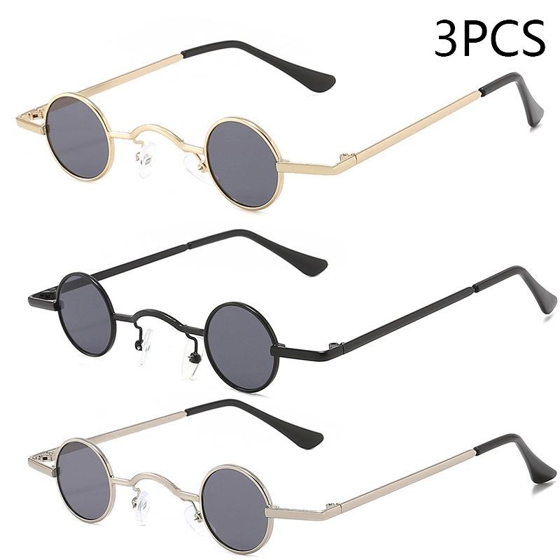 Vintage Rock Punk Sunglasses Small Round Metal Frame Black Lens Wide Bridge Unisex Driving Eyewear Classic Retro Style