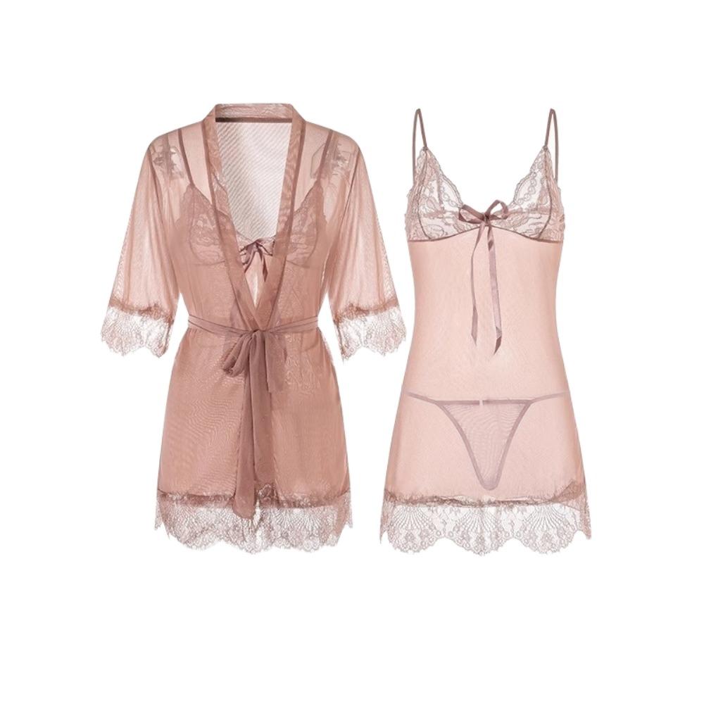 Backless Lace Suspender Nightdress Transparent Sleepwear Robe Set Sweet Mesh Sling Nightgown Gift