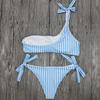Summer Sexy Bow One Shoulder Striped Bikini Lacing Up Bandage Low Waist Swimsuit Set Two Piece Swimwear Beachwear