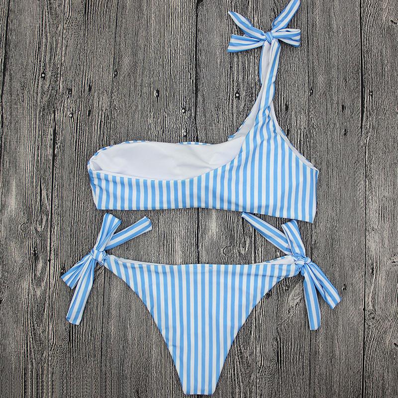 Summer Sexy Bow One Shoulder Striped Bikini Lacing Up Bandage Low Waist Swimsuit Set Two Piece Swimwear Beachwear