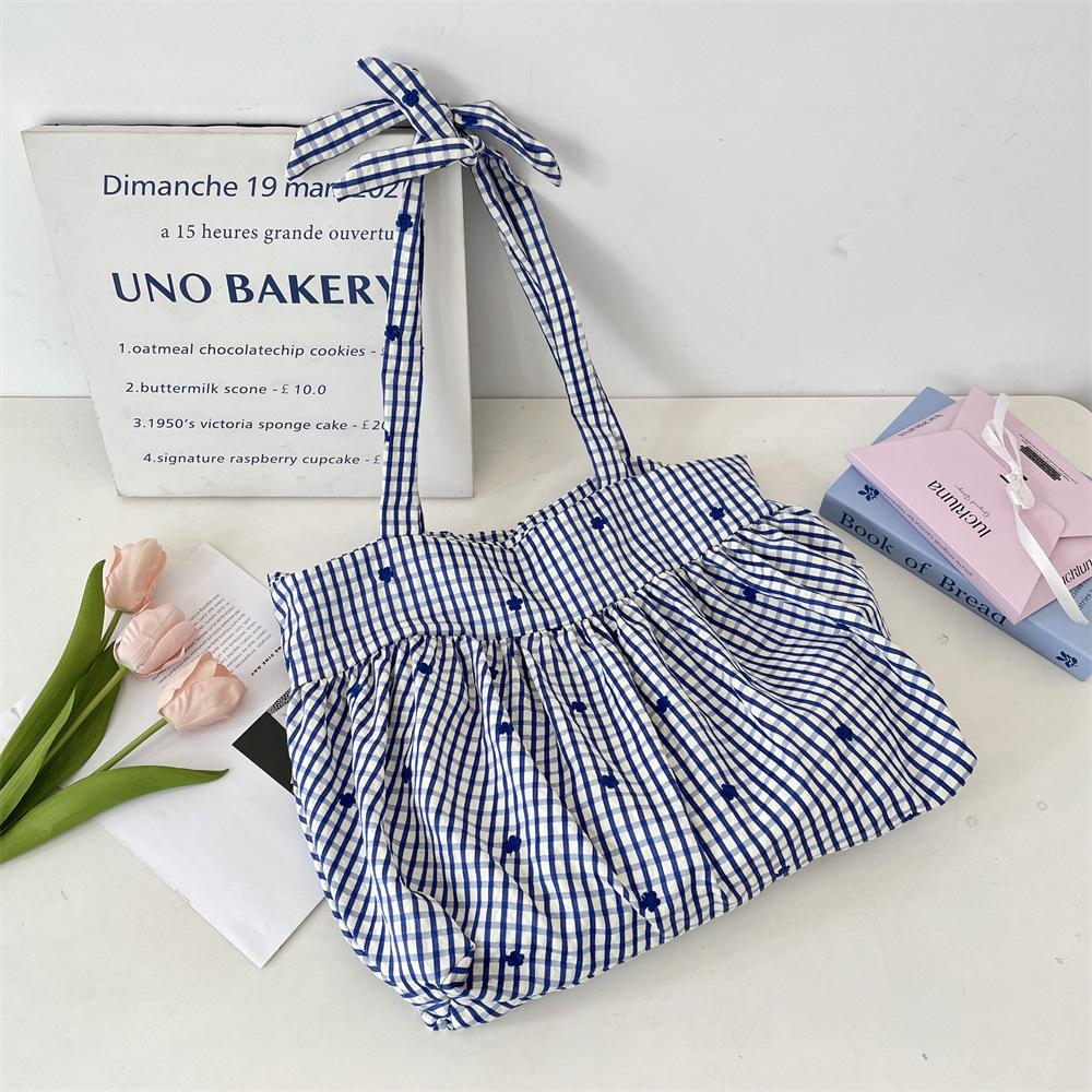 

Folded lace-up simple and lightweight plaid tote bag new versatile shoulder bag canvas bag