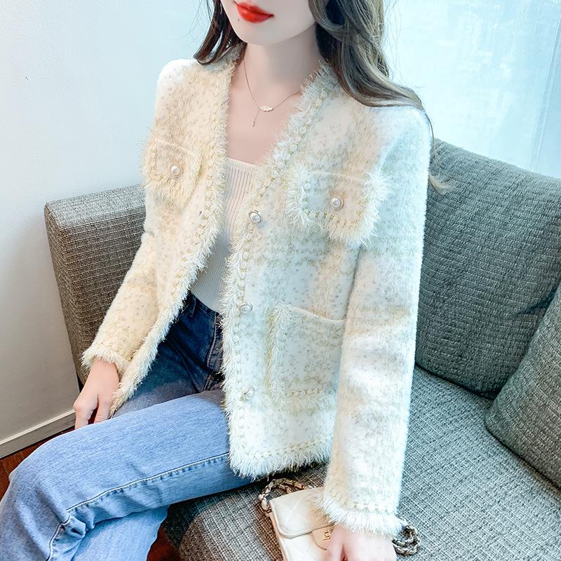 

Куртка женская осенняя новая французская модель грубый V-образный вырез свободный топ с длинными рукавами 2XL абрикосовый