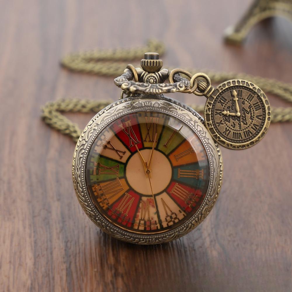 Ностальгические Большие Коричневые Стеклянные Карманные Часы с Откидной Крышкой Британский Римский Цветной Циферблат Кварцевые Часы-Подвеска Винтажные Часы в Подарок