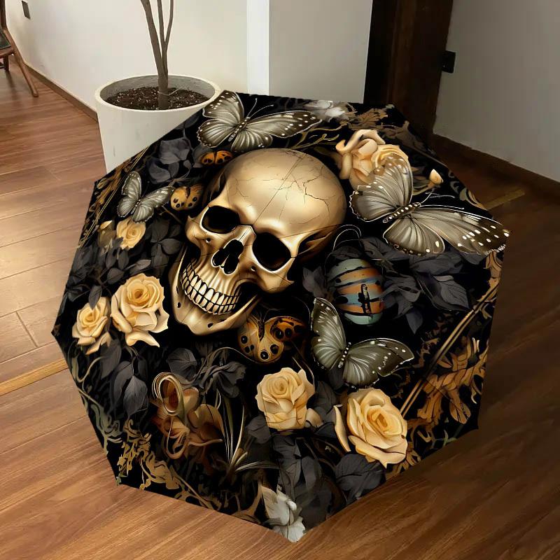 1PC Skull Flowers Umbrella-8-Rib Reinforced, Automatic Open, Lightweight & Durable, Fashion Accessory for Outdoor-D318