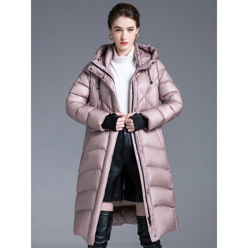 Down jacket winter women's long over the knee new hooded slim waist thin thickened white duck down jacket tide