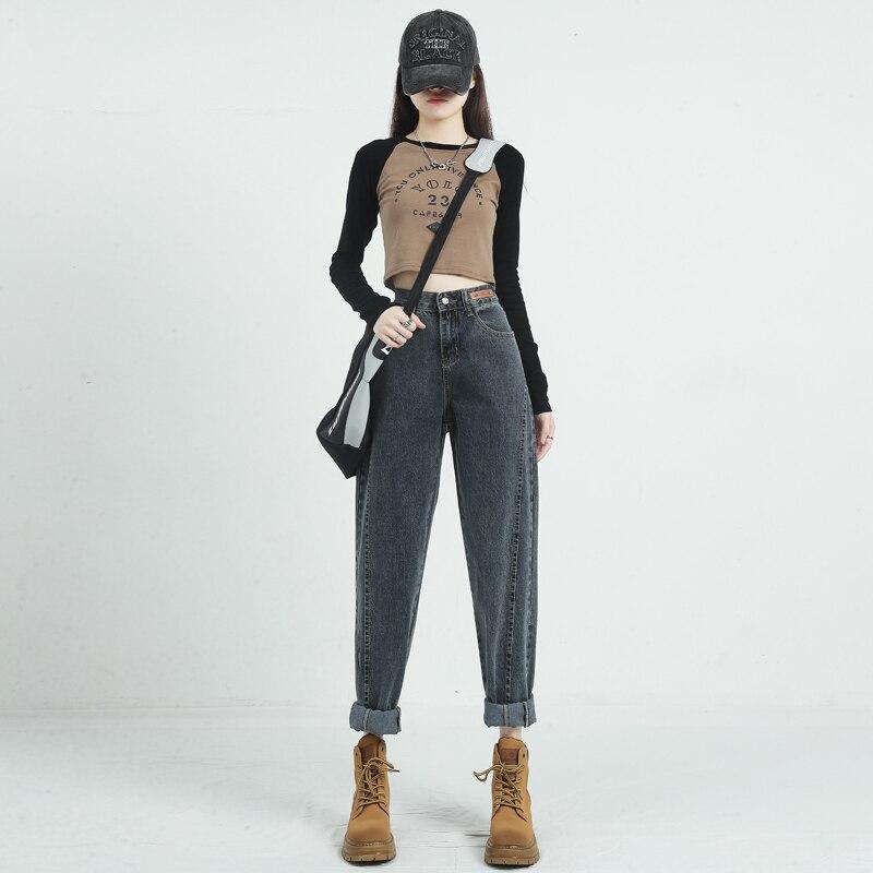 

Весенне-осенние новые корейские винтажные джинсы с высокой талией в стиле Харадзюку, женские простые однотонные брюки-харун, джинсовые брюки, женский уличный стиль 30
