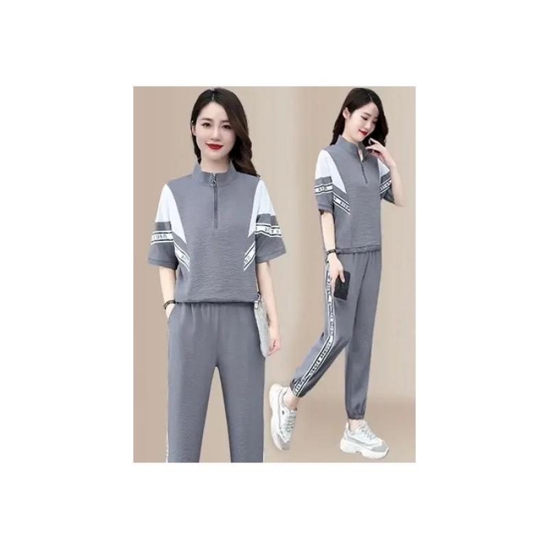 2025 Women's Stylish Two-Piece Summer Set: Short-Sleeved, Loose Stand-Up Collar, Slimming Casual Outfit
