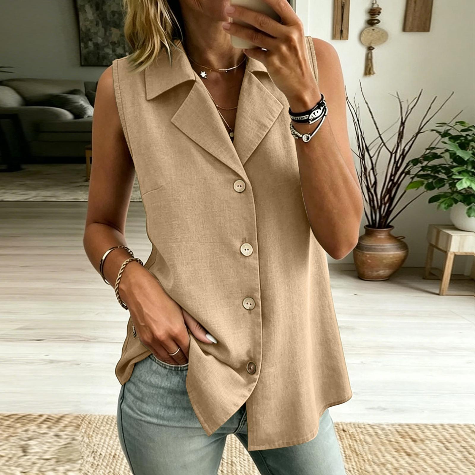 

Women s Color V-neck Sleeveless Vest Top Button Inch Shirt XL хакі