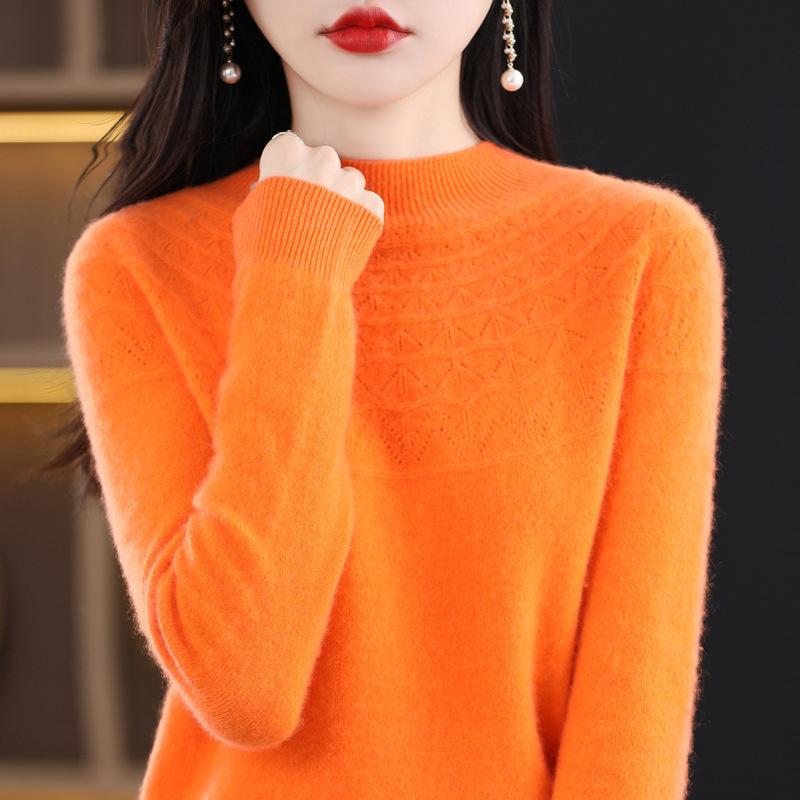 New First-line Ready-to-wear Half Turtleneck Hollow Wool Sweater Women's Knitted Loose Versatile Pullovers Warm Base Layer