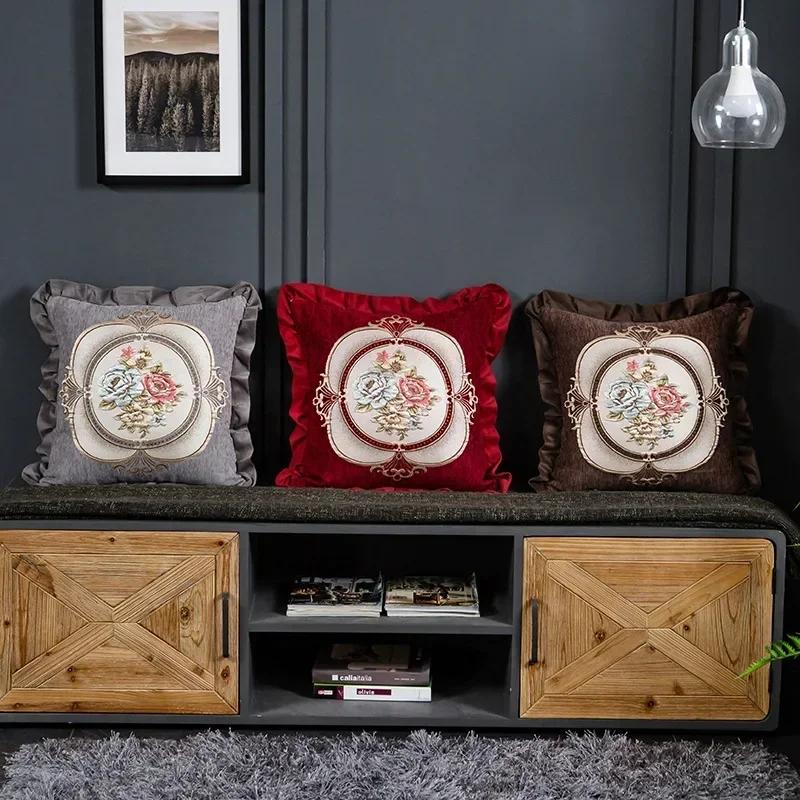 Jacquard Flower Cushion Pillowcase Retro European Style Living Room Sofa Backrest High Precision Embroidery Cushion Cover 45*45