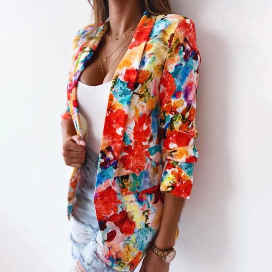 Bürodame Blazer Bunter Druck Slim Frühling Herbst Ziertaschen Floral Anzug