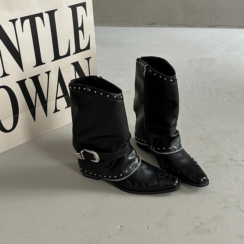 Design Punk Boots Women's High-end Trouser Tube Boots 2025 Summer New Pointed Rivets Pleated High Heel Thick Heel