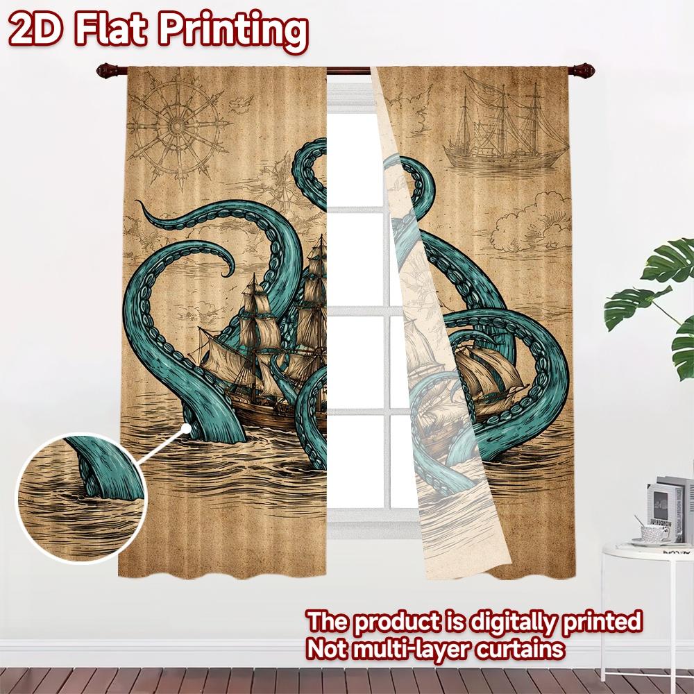 2D FLAT PRINTING 2pcs Curtains (Without Rod) Tall Ships and Tentacles Chic Chic Curtains Prints Light Filtering Curtains