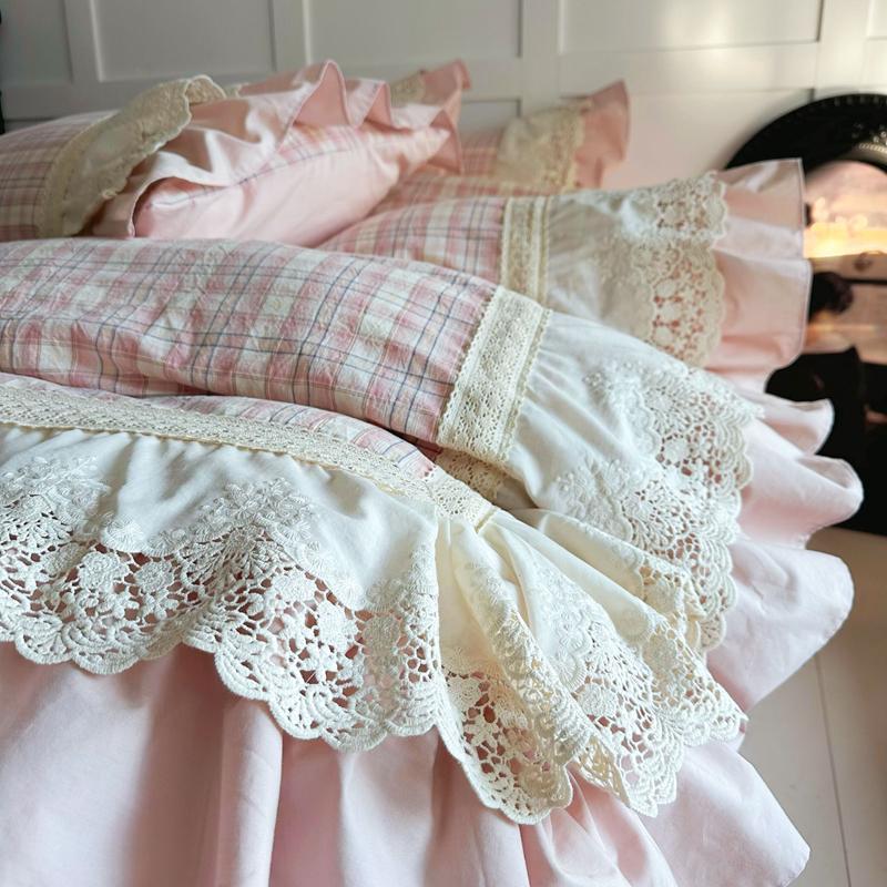 Vintage French Plaid Lace Ruffles 100% Cotton Bedding Set Duvet Cover Set Bed Sheet/Bed Skirt/Fitted Sheet Pillowcases 4Pcs