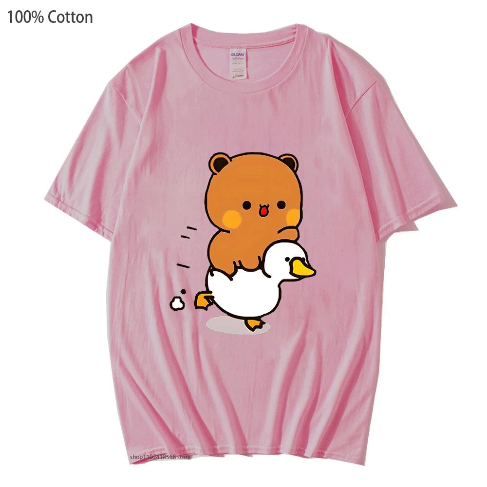 Cute Bubu and Duud Is Riding A White Duck Tshirt Panda and Brownie Bear Clothes Cotton T-Shirts for Men Women Couple