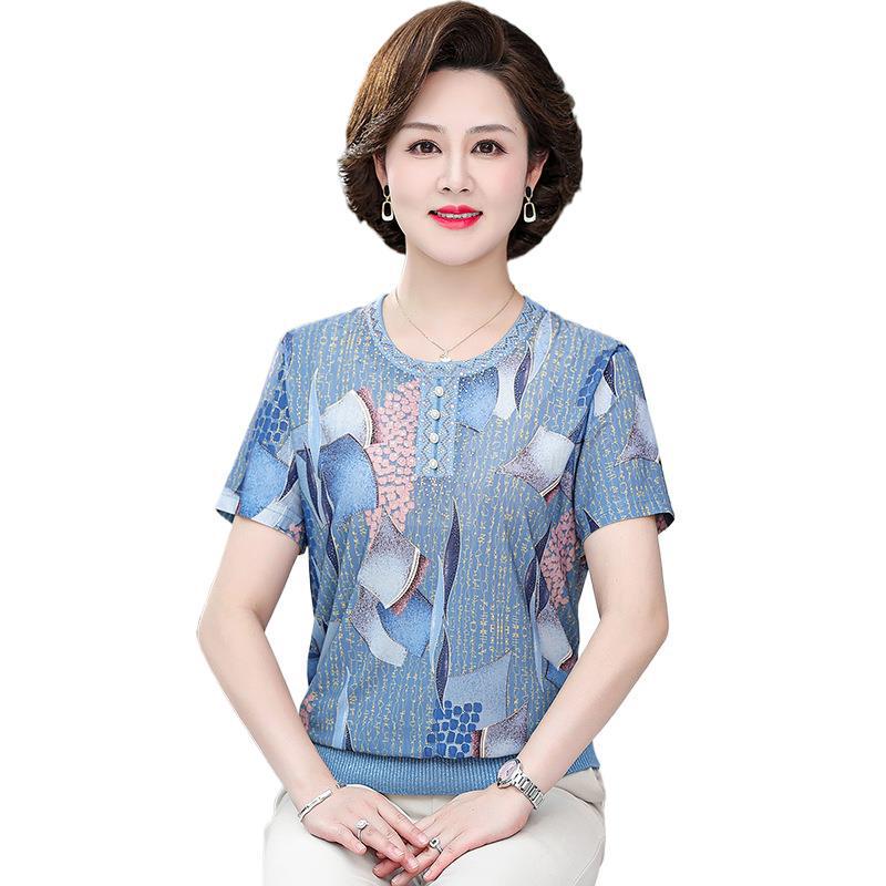 Mother's Ice Silk Round Neck Short-Sleeve Summer T-Shirt: Plus Size Lightweight Top for Women Aged 40-50