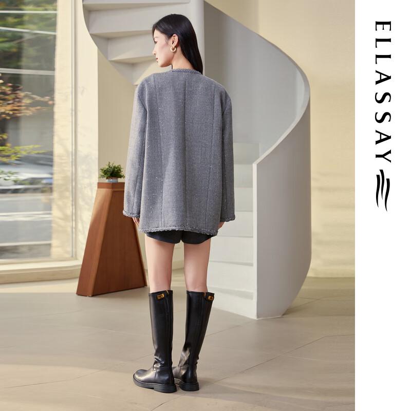 ELLASSAY 2025 Autumn French Style Lamb Wool Tweed Round Neck Coat