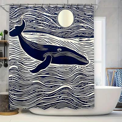 Whale Tail Shower Curtain with Moonlight Waves Blue and White Bath Decor for Bathroom Window Treatment Waterproof Fabric Shower